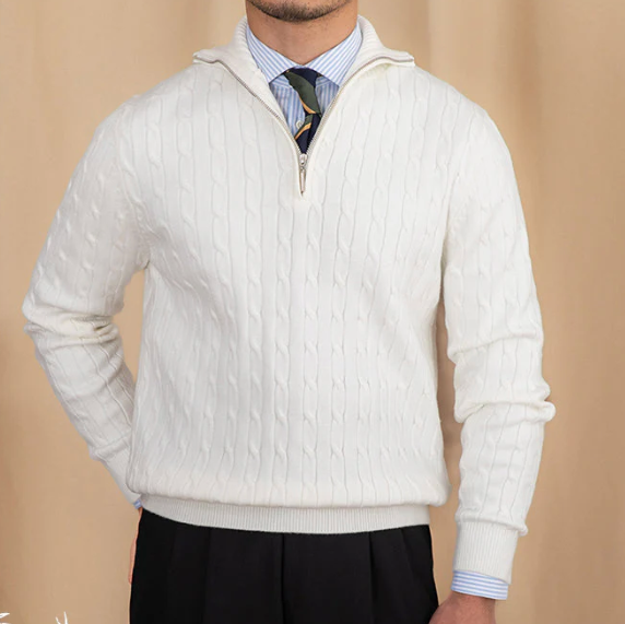 Yarn Blend Sweater - Cable Knit & Adjustable Collar