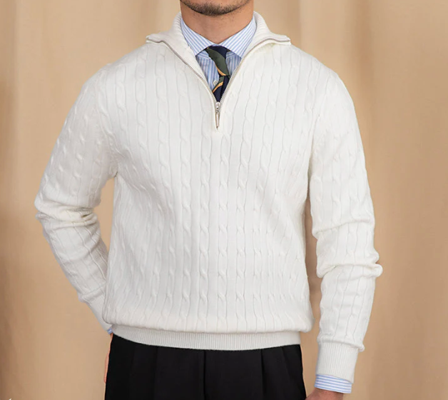 Yarn Blend Sweater - Cable Knit & Adjustable Collar