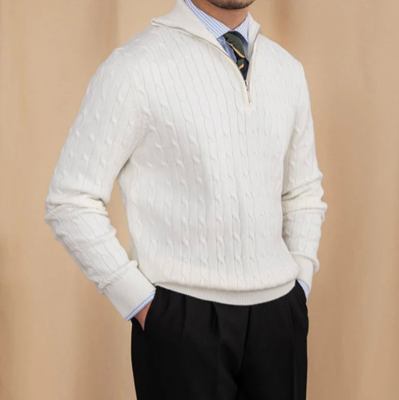 Yarn Blend Sweater - Cable Knit & Adjustable Collar