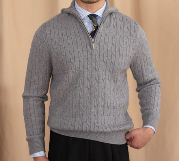 Yarn Blend Sweater - Cable Knit & Adjustable Collar