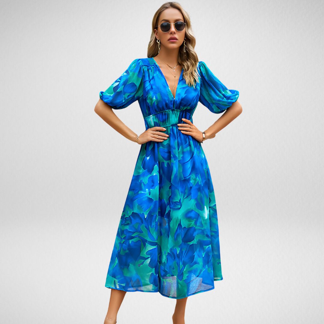 Elegant Floral Maxi Dress | Puff Sleeve & V-Neck