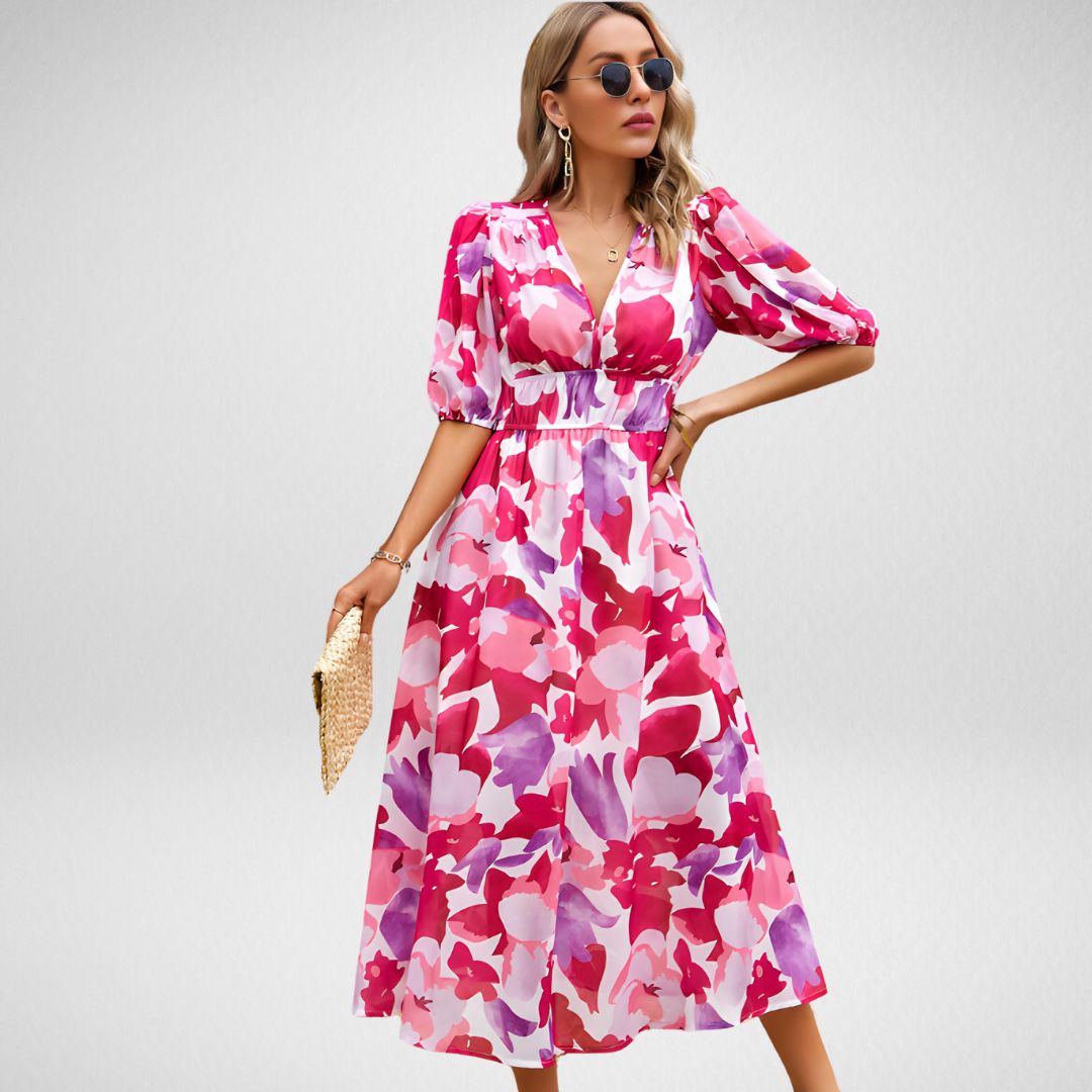 Elegant Floral Maxi Dress | Puff Sleeve & V-Neck