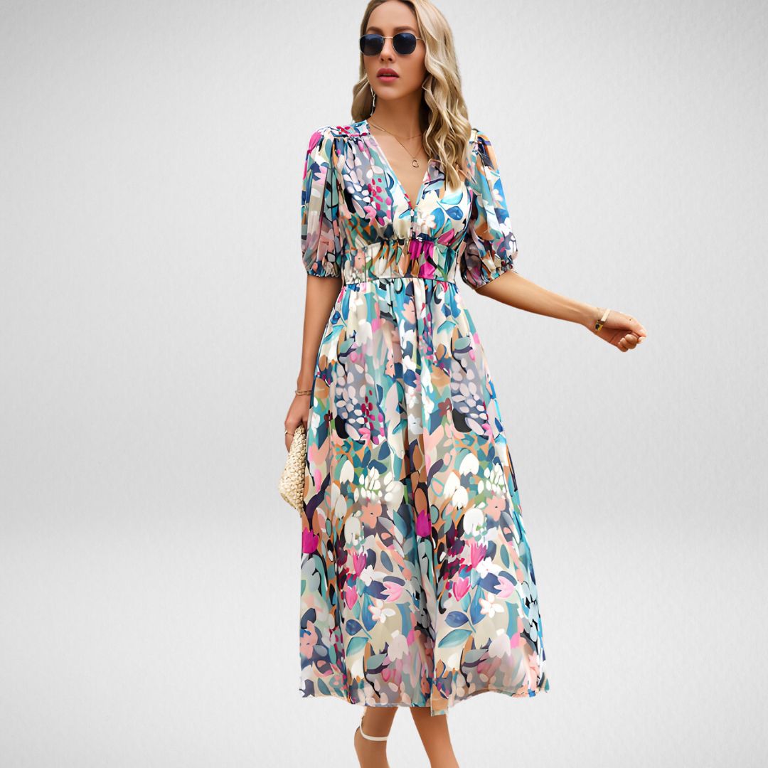 Elegant Floral Maxi Dress | Puff Sleeve & V-Neck