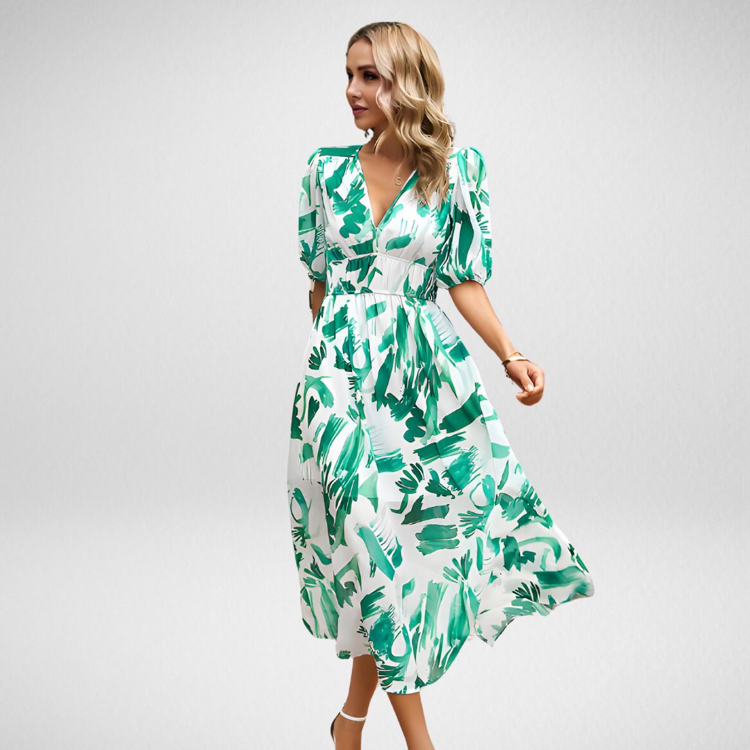 Elegant Floral Maxi Dress | Puff Sleeve & V-Neck