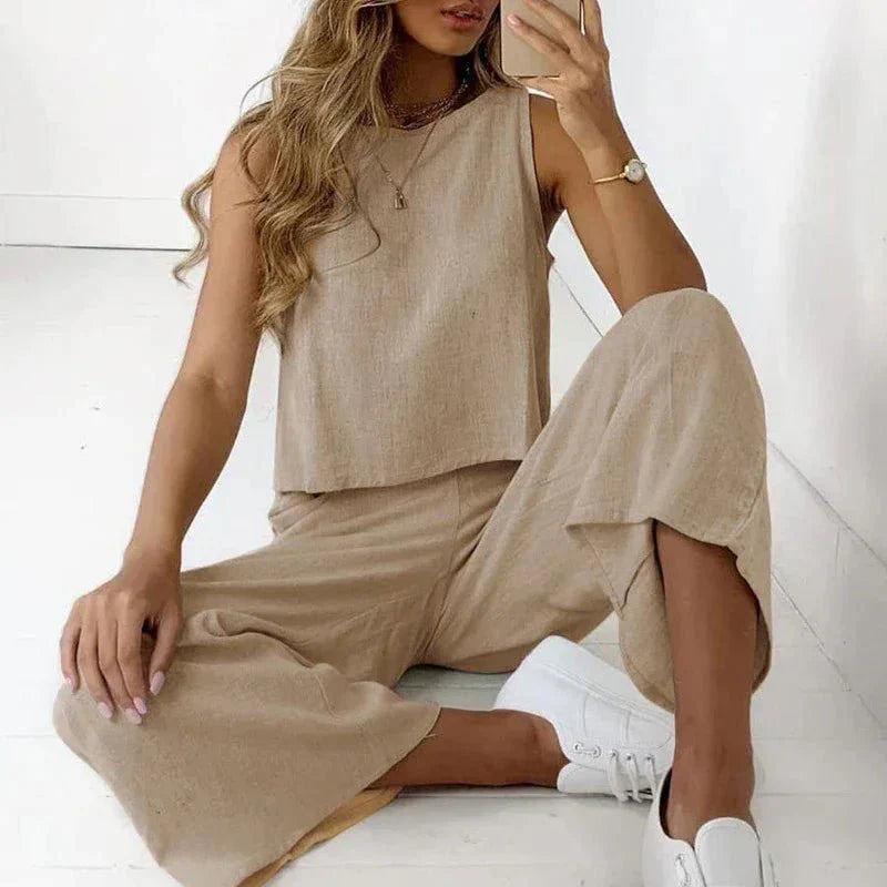 Women's Sleeveless Lounge Set with Wide Leg Pants 1