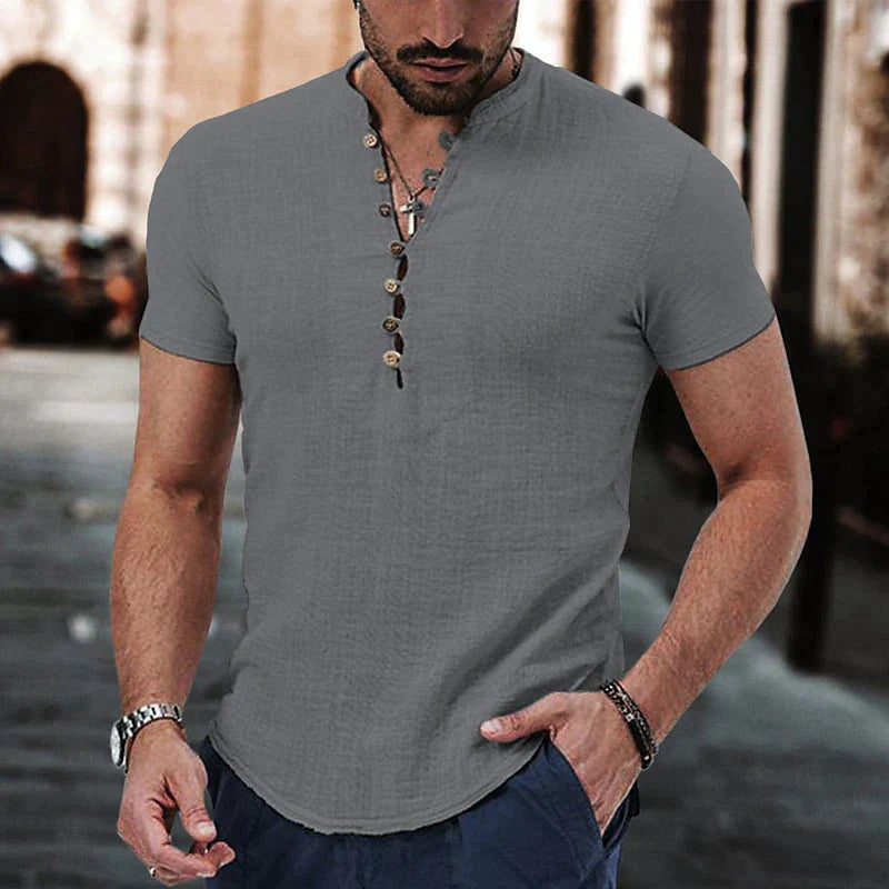 Men's Linen Henley Shirt-2