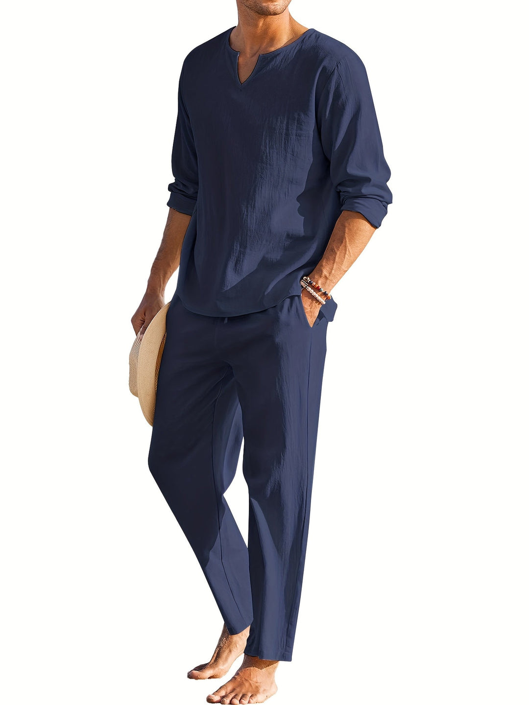 Men's Linen Blend 2-Piece Casual Set with Shirt and Pants 5