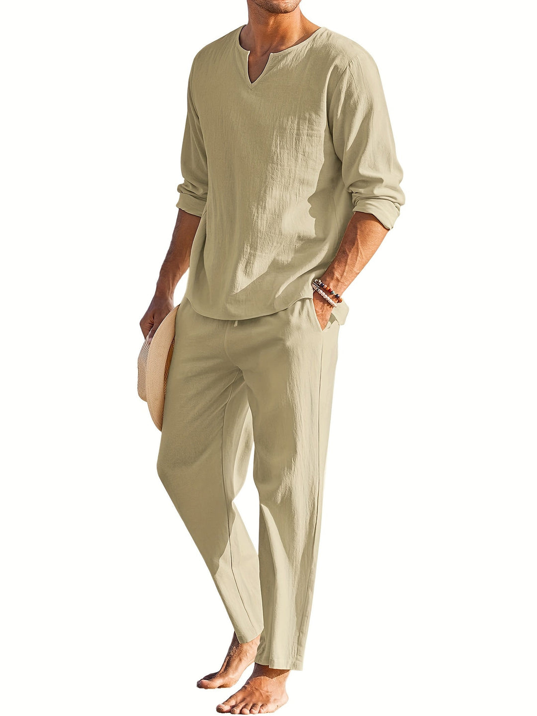 Men's Linen Blend 2-Piece Casual Set with Shirt and Pants 4