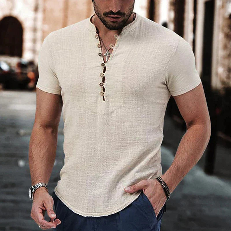 Men's Linen Henley Shirt-1